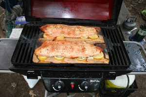 picture of cedar plank salmon on the barbeque while car camping at Arrowhead Provincial Park