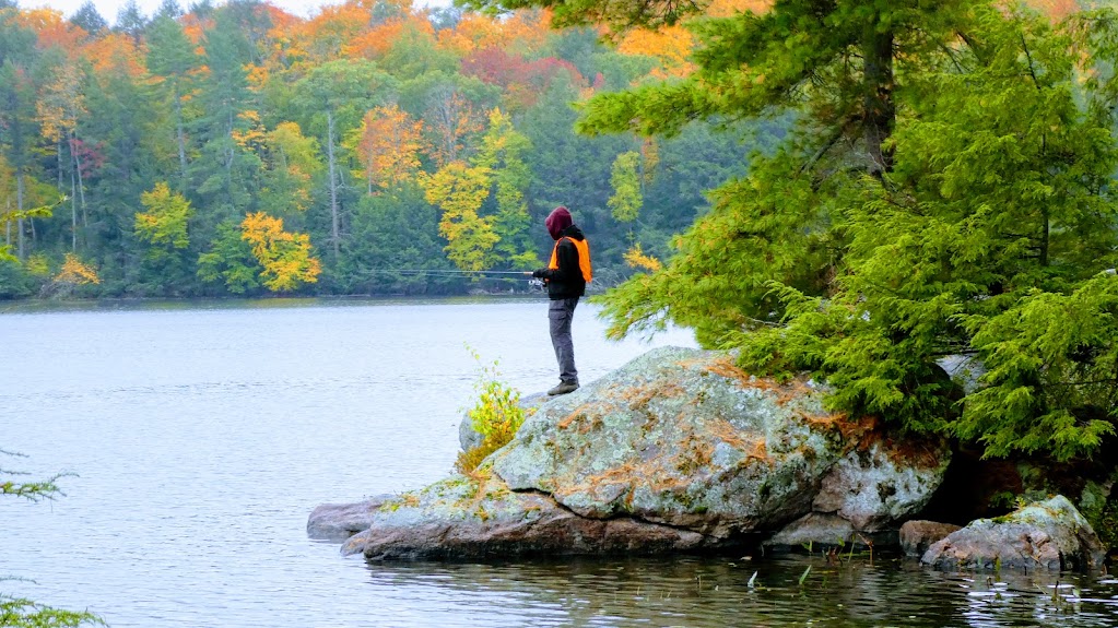 picture of a man fishing standing on a rock while backcountry camping at Kawartha Highlands Provincial park