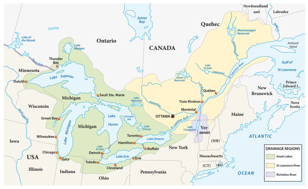 map of Canada and US showing the 5 Great Lakes - Lake Ontario, Lake Erie, Lake Michigan, Lake Superior and Lake Huron